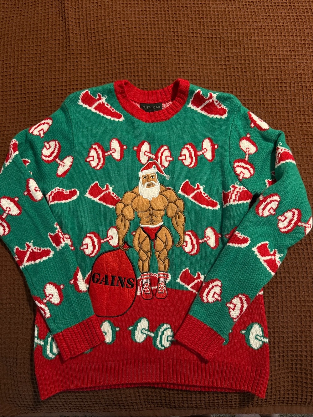 Holiday Muscle Santa Christmas Green & Red Sweater GAINS